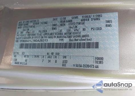 2009 Ford E-350 Super Duty Xl/Xlt from USA, damaged, VIN 1FBSS31L19DA38313